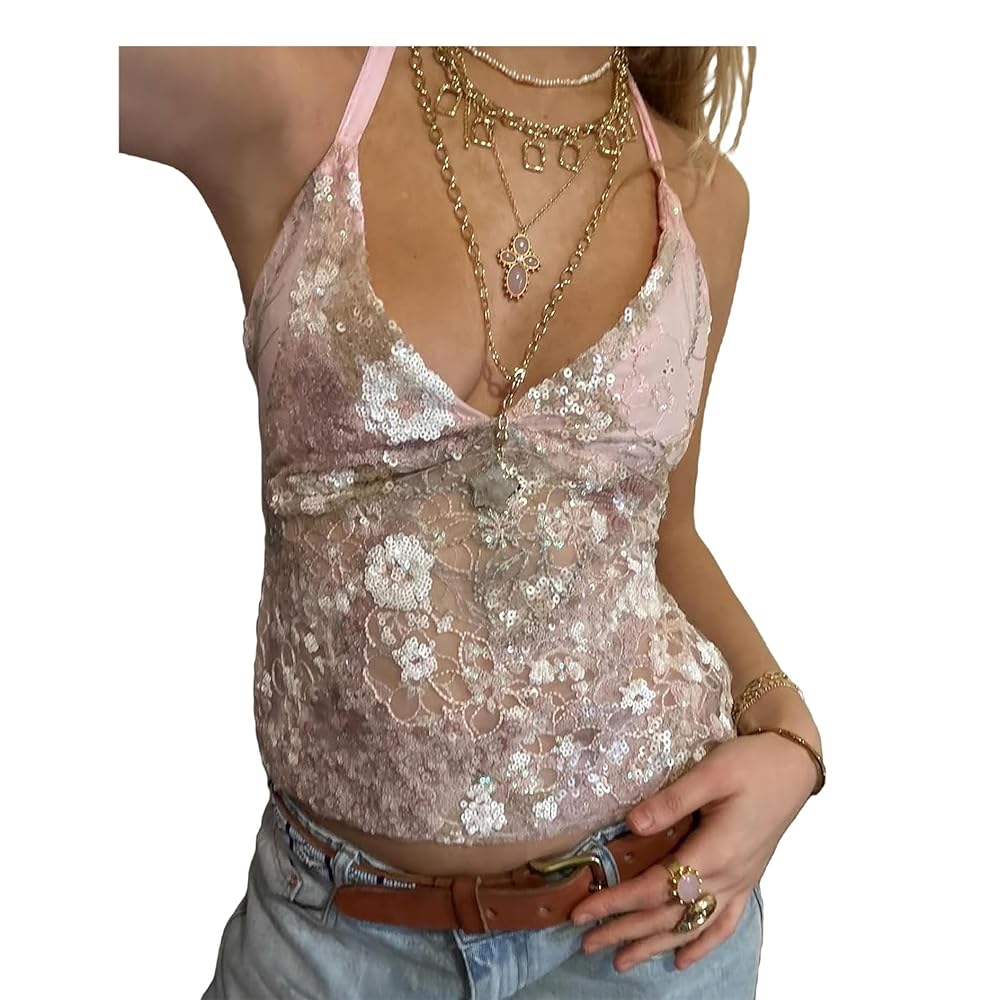 Amazon.com: Women Y2k Sequin Cami Top Sexy V Neck Spaghetti
